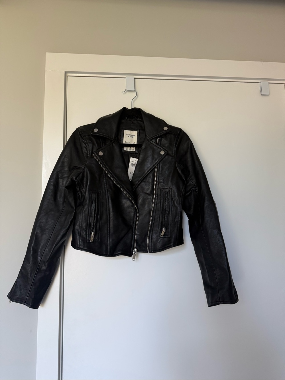 Abercrombie & Fitch Black Leather Moto Jacket with Silver Hardware